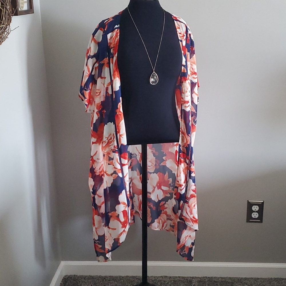 Maurices Blue floral open front kimono.